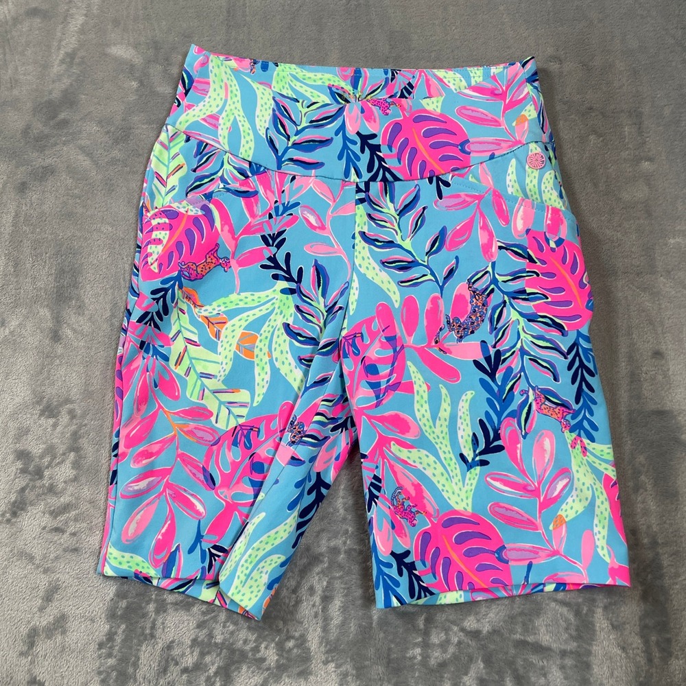 Lilly Pulitzer Luxletic Shorts Women Size 00 Tropical Leopard Bike Blue Pink